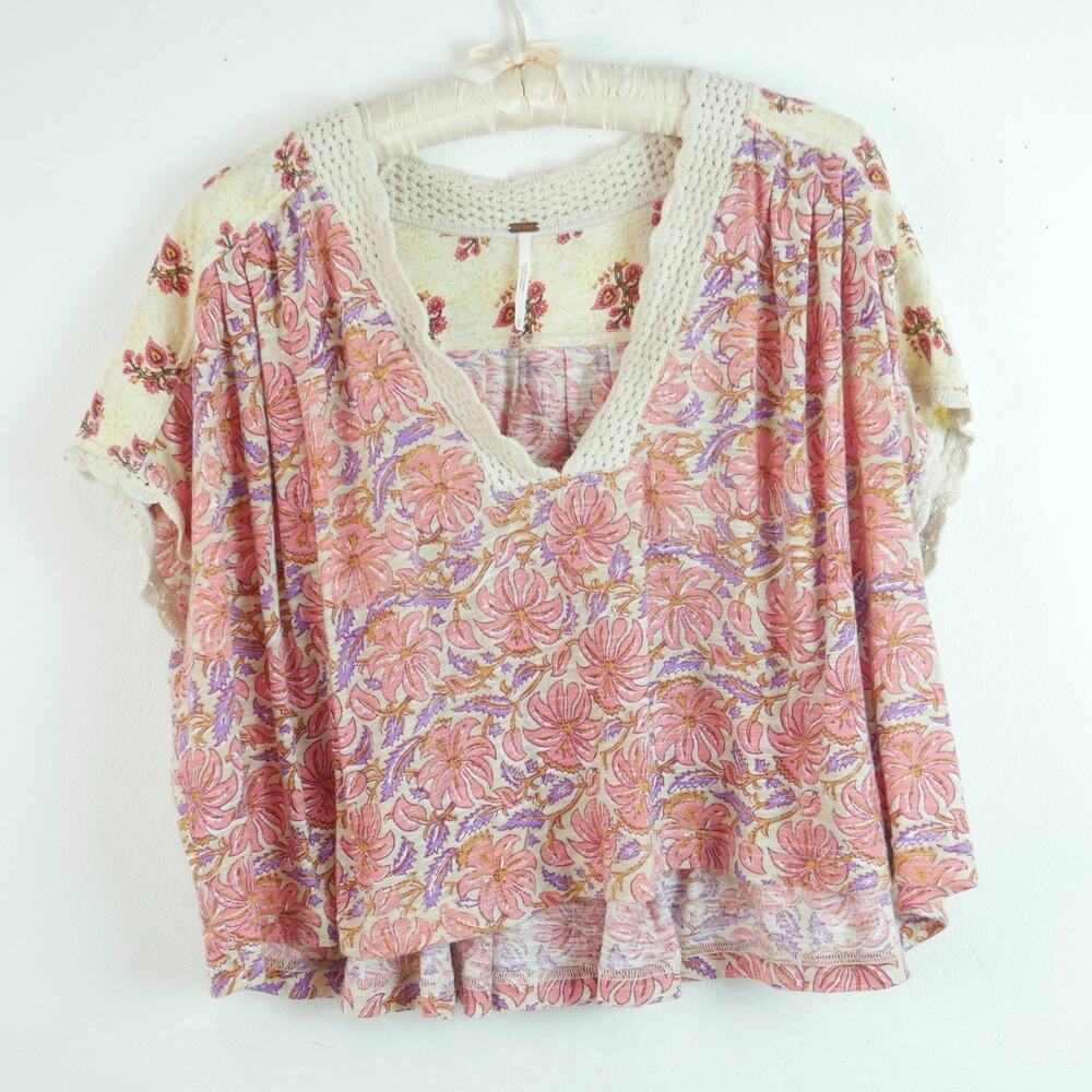 Free People Floral Pink and Cream Boho Crop Blouse